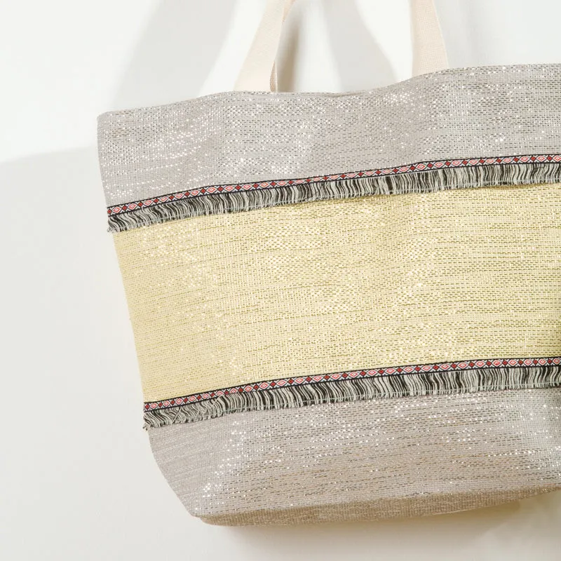 Beach Bag Straw Weave Grey & Gold