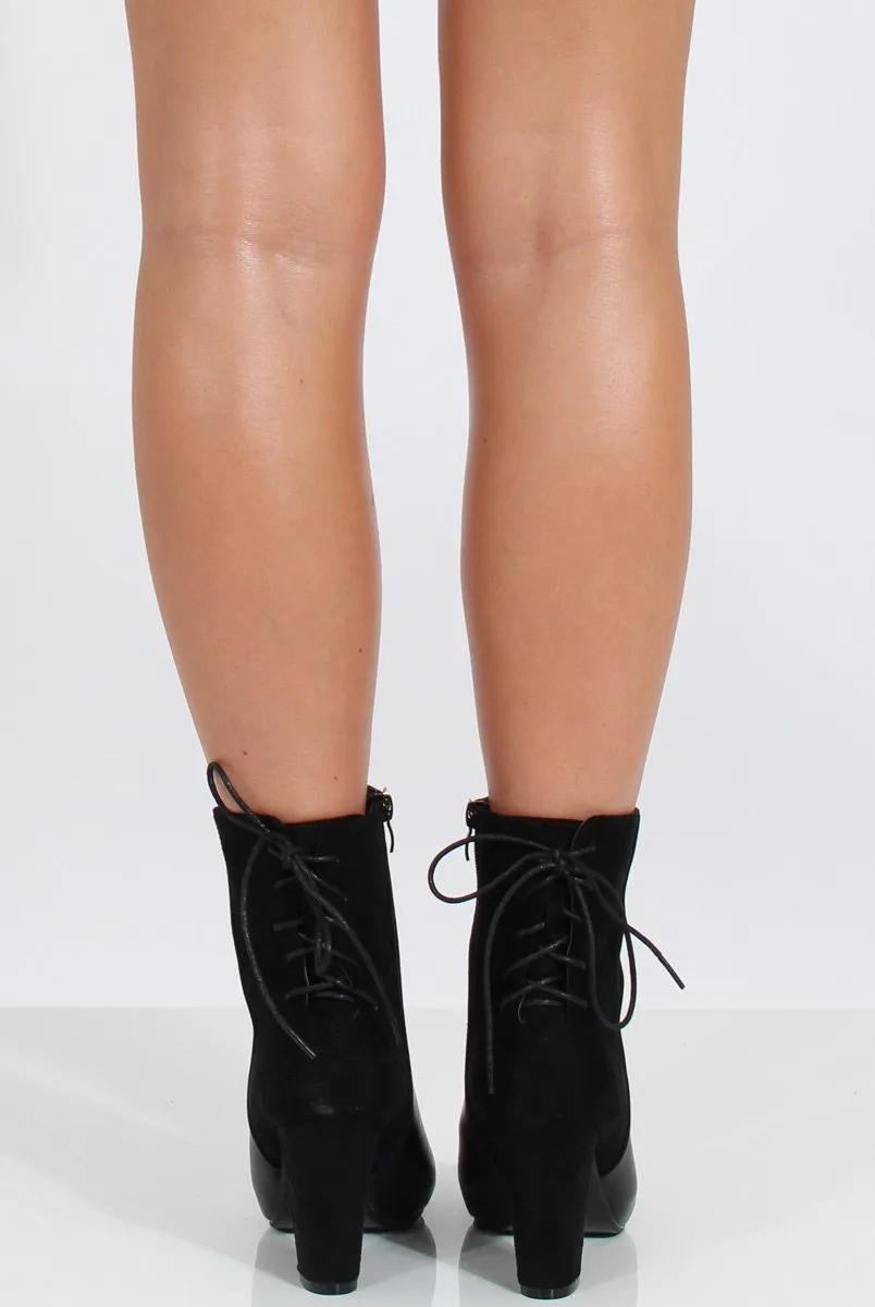 Black Leather & Suede Lace Up Detail Heeled Boots - Renee