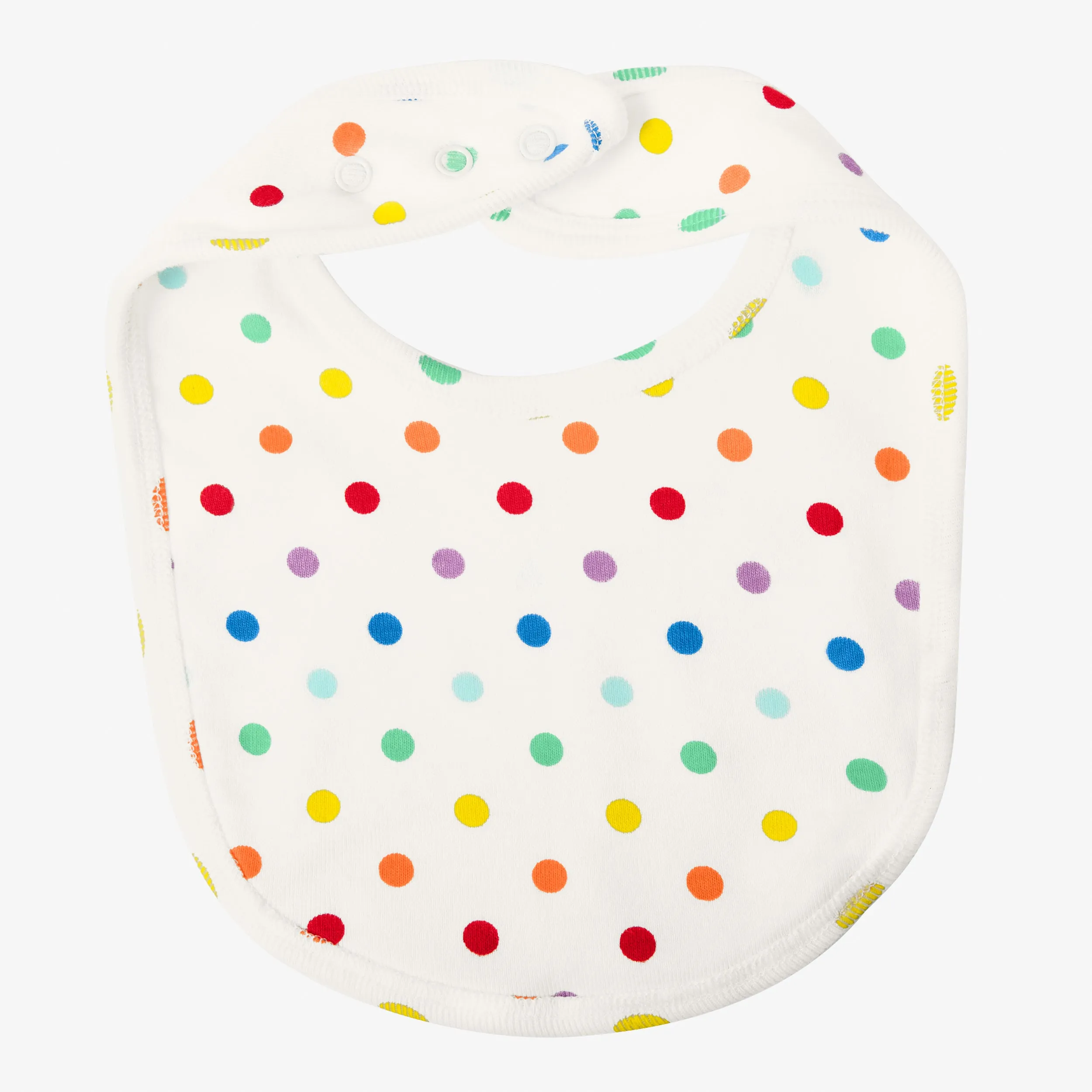 Clearance baby organic snap bib in rainbow mini dot