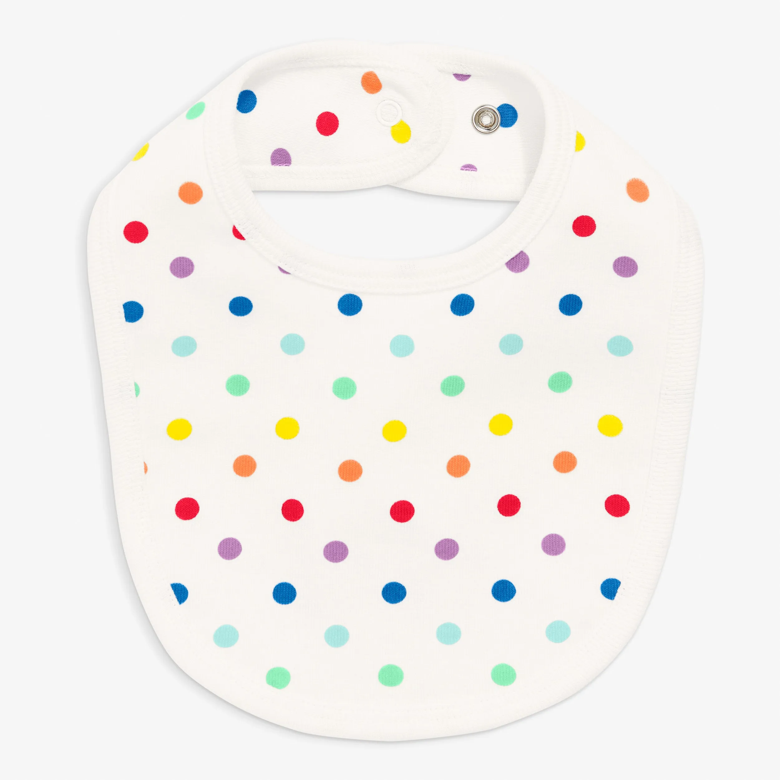 Clearance baby organic snap bib in rainbow mini dot