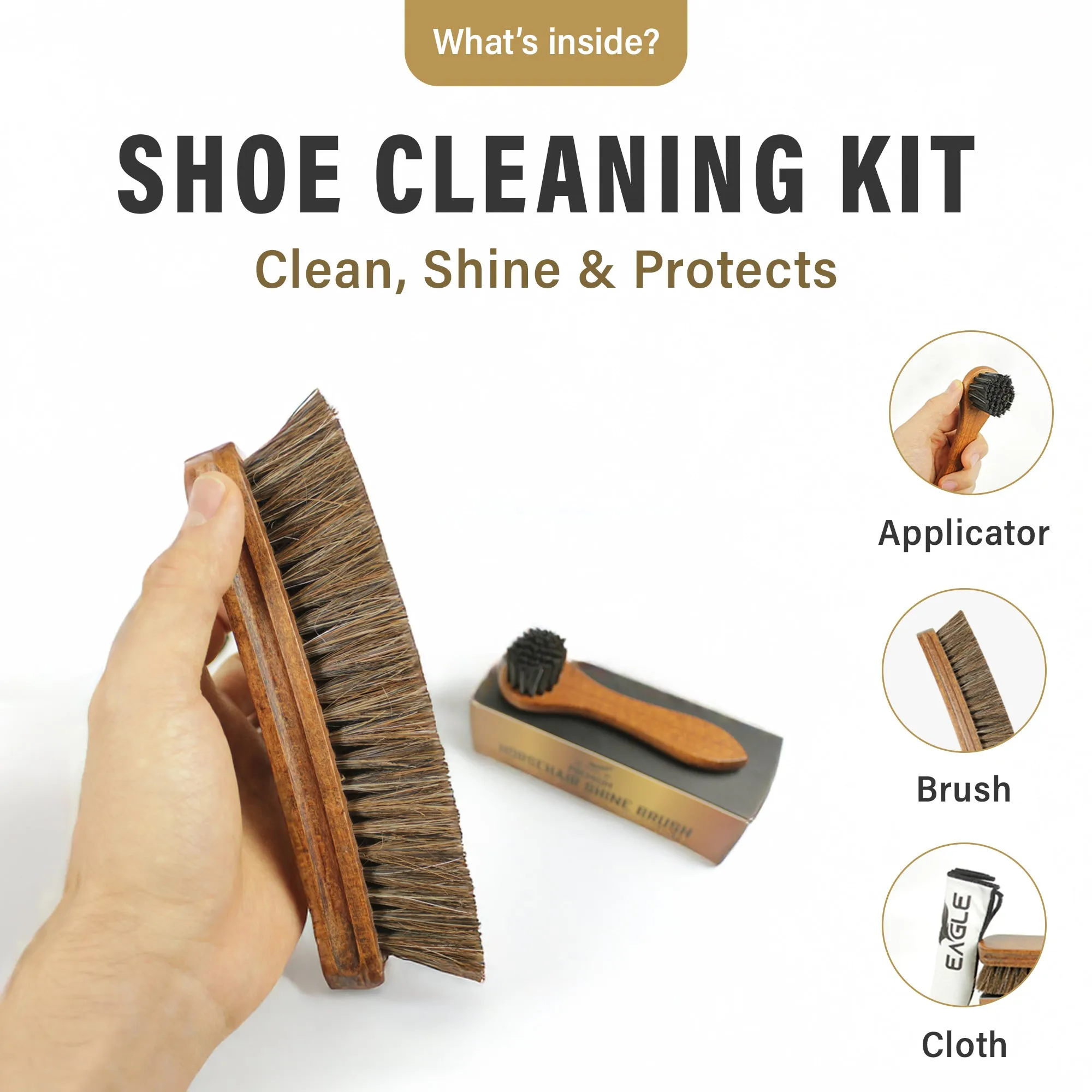 Eagle Shoe Shine Brush Care Kit - Travel Care Kit for Men & Women, 3-Pieces Set, Includes Premium 6.7” Brush, 5” Applicator Dauber & 12”x12” cotton cloth