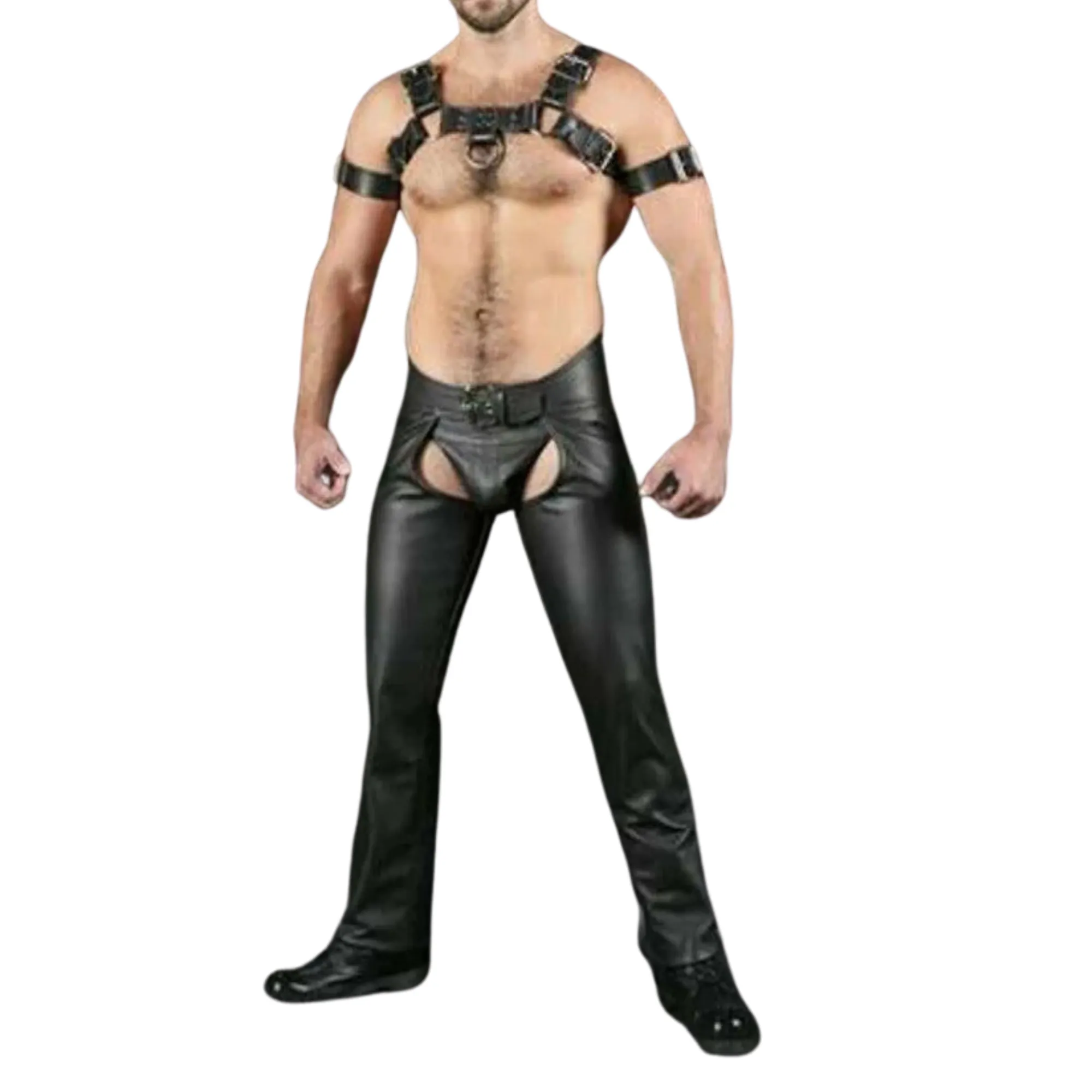 Fetish Wear Leather Chaps for Men with Outside Zip