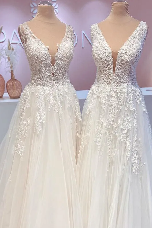 Glamorous Long A-Line Open Back Tulle Appliques Lace Wedding Dress