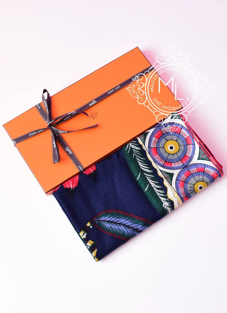 Hermes "The Savana Dance" Blue Cashmere 140 GM Shawl Scarf