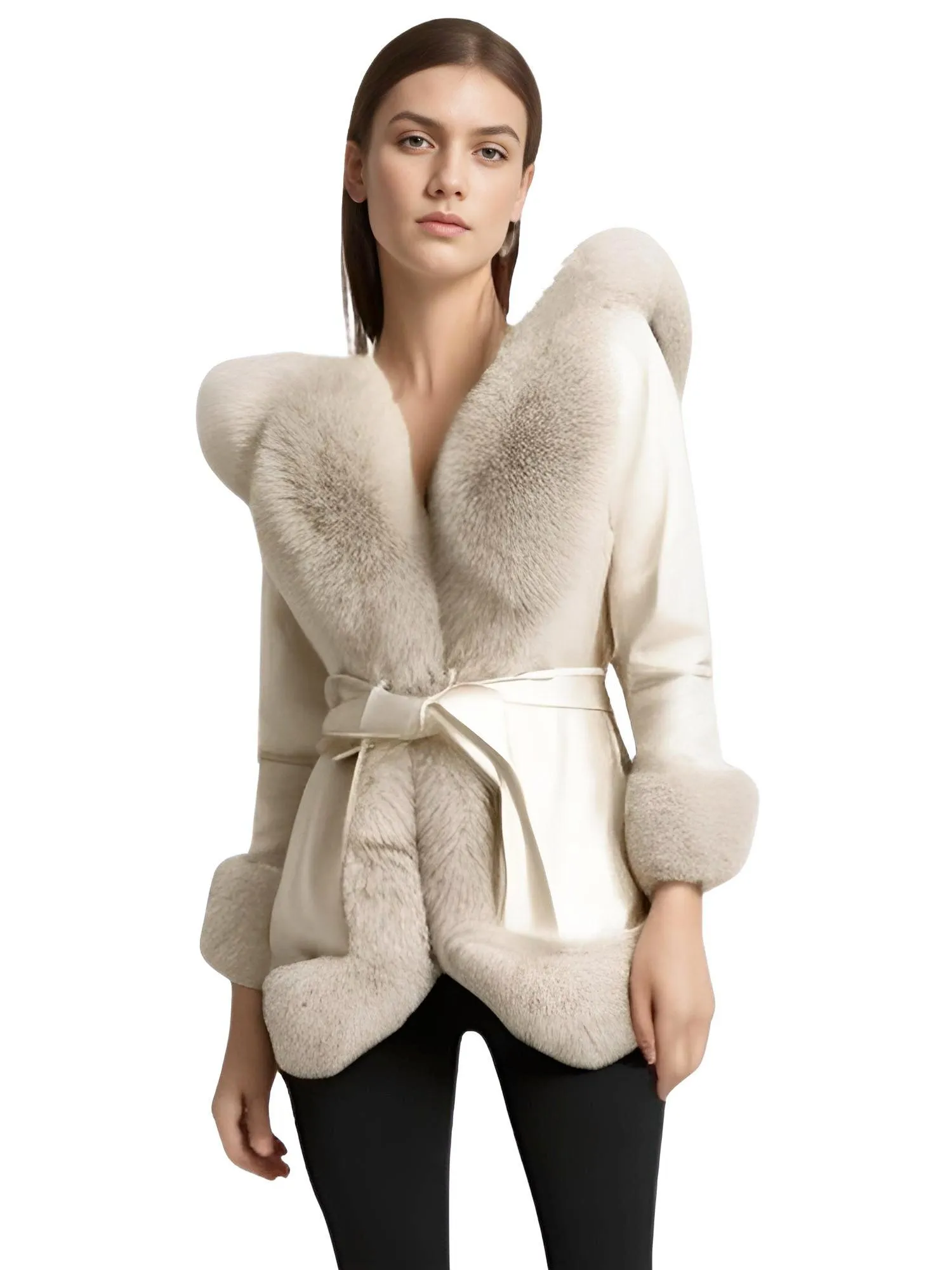 Hooded Fur Coats For Women With Belt and Fur Lining Inside