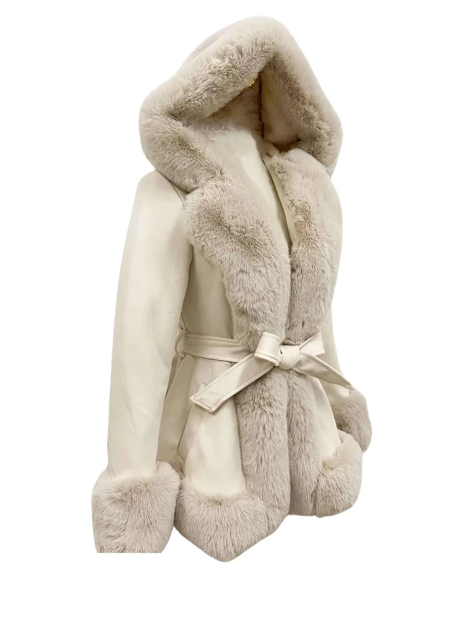 Hooded Fur Coats For Women With Belt and Fur Lining Inside