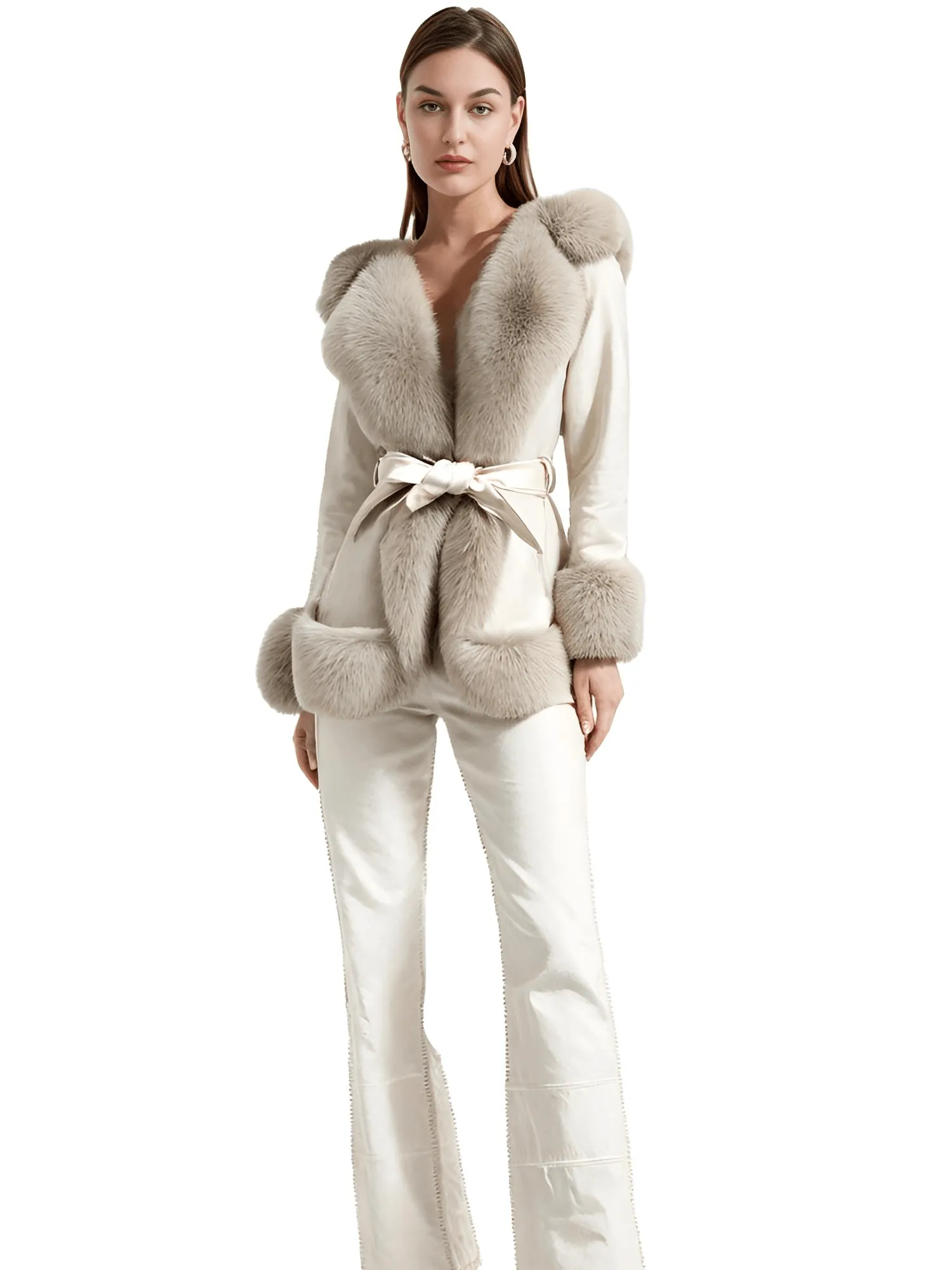 Hooded Fur Coats For Women With Belt and Fur Lining Inside