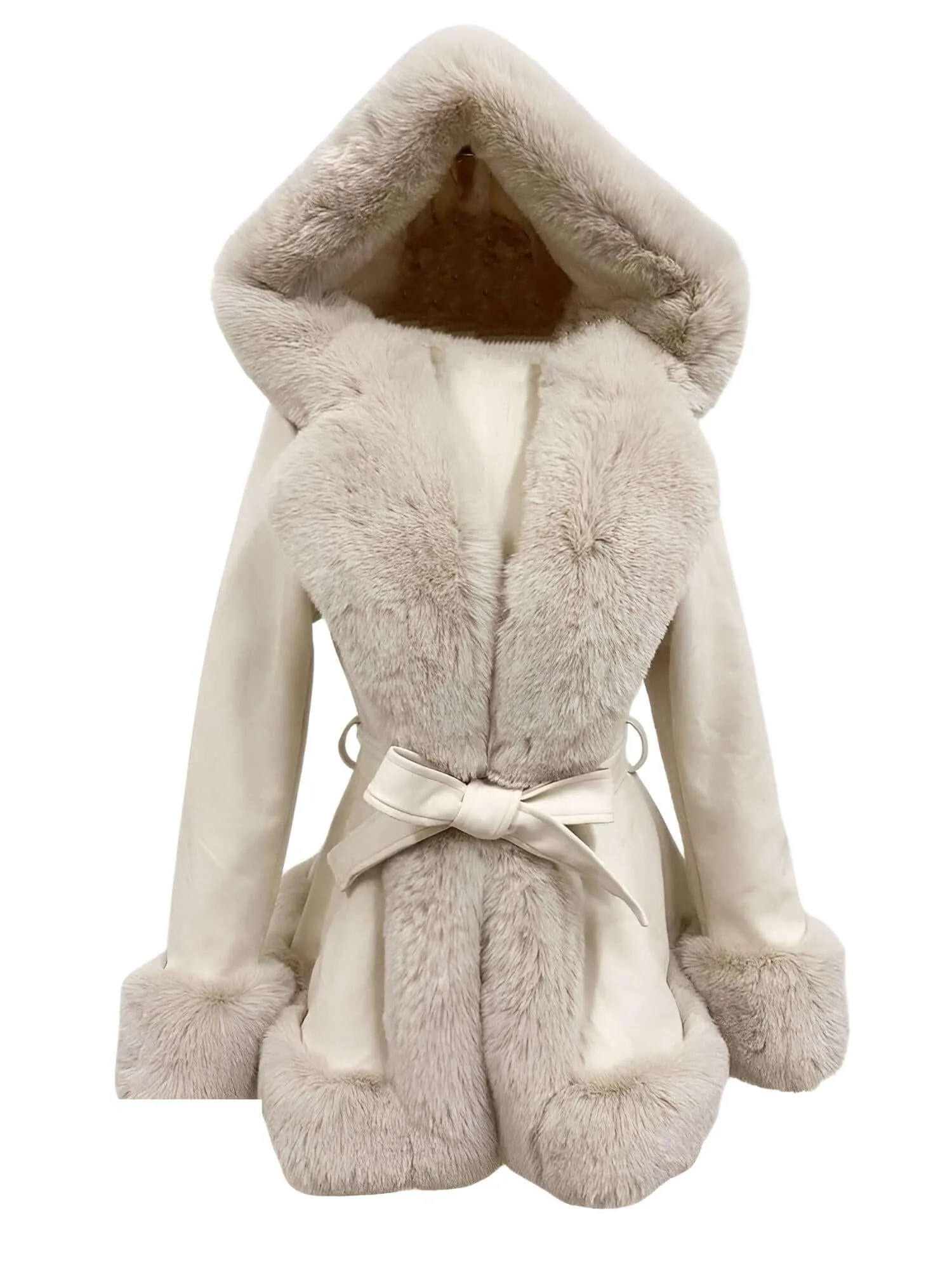 Hooded Fur Coats For Women With Belt and Fur Lining Inside