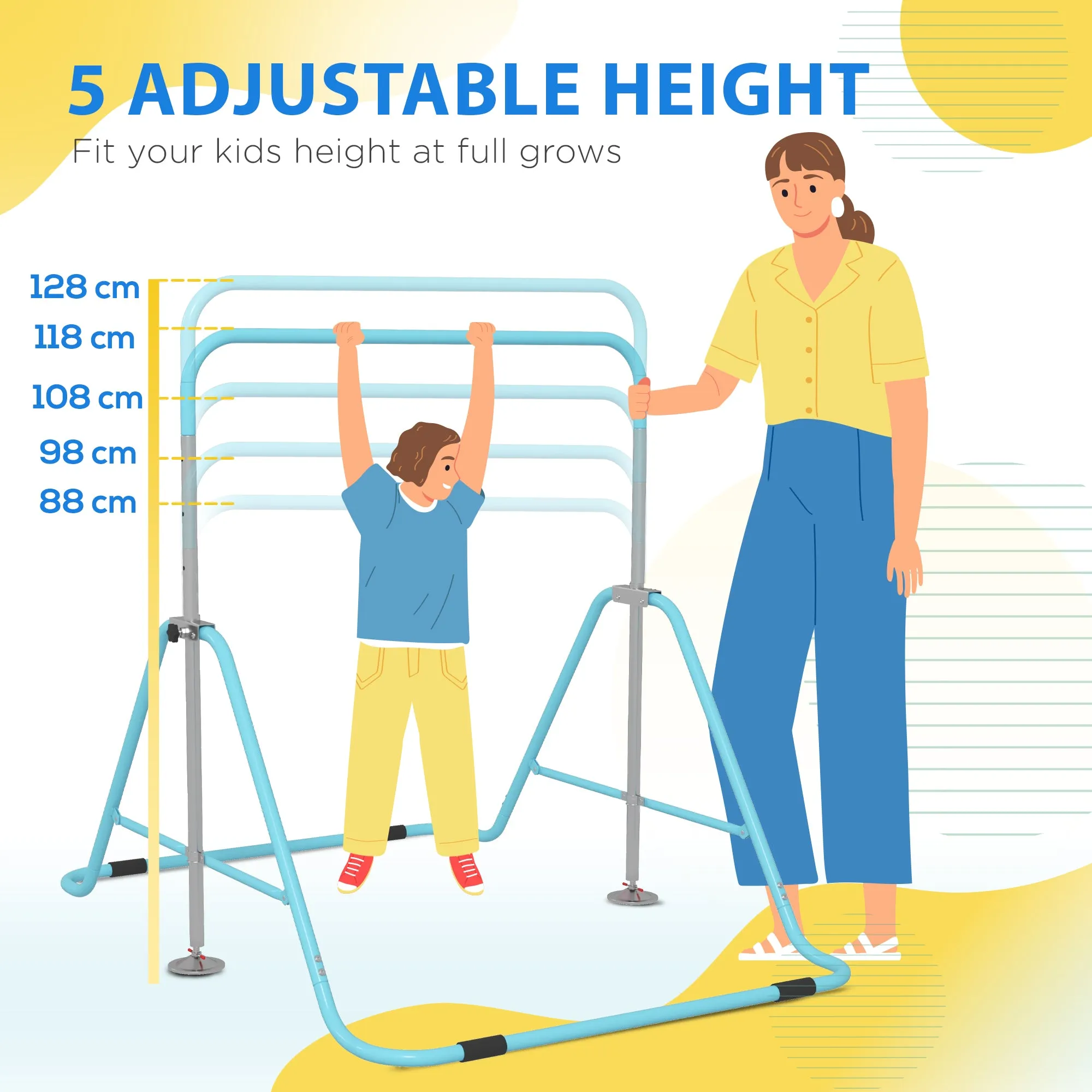 Kids Gymnastic Bar w/ Adjustable Height, Foldable Training Bar - Blue