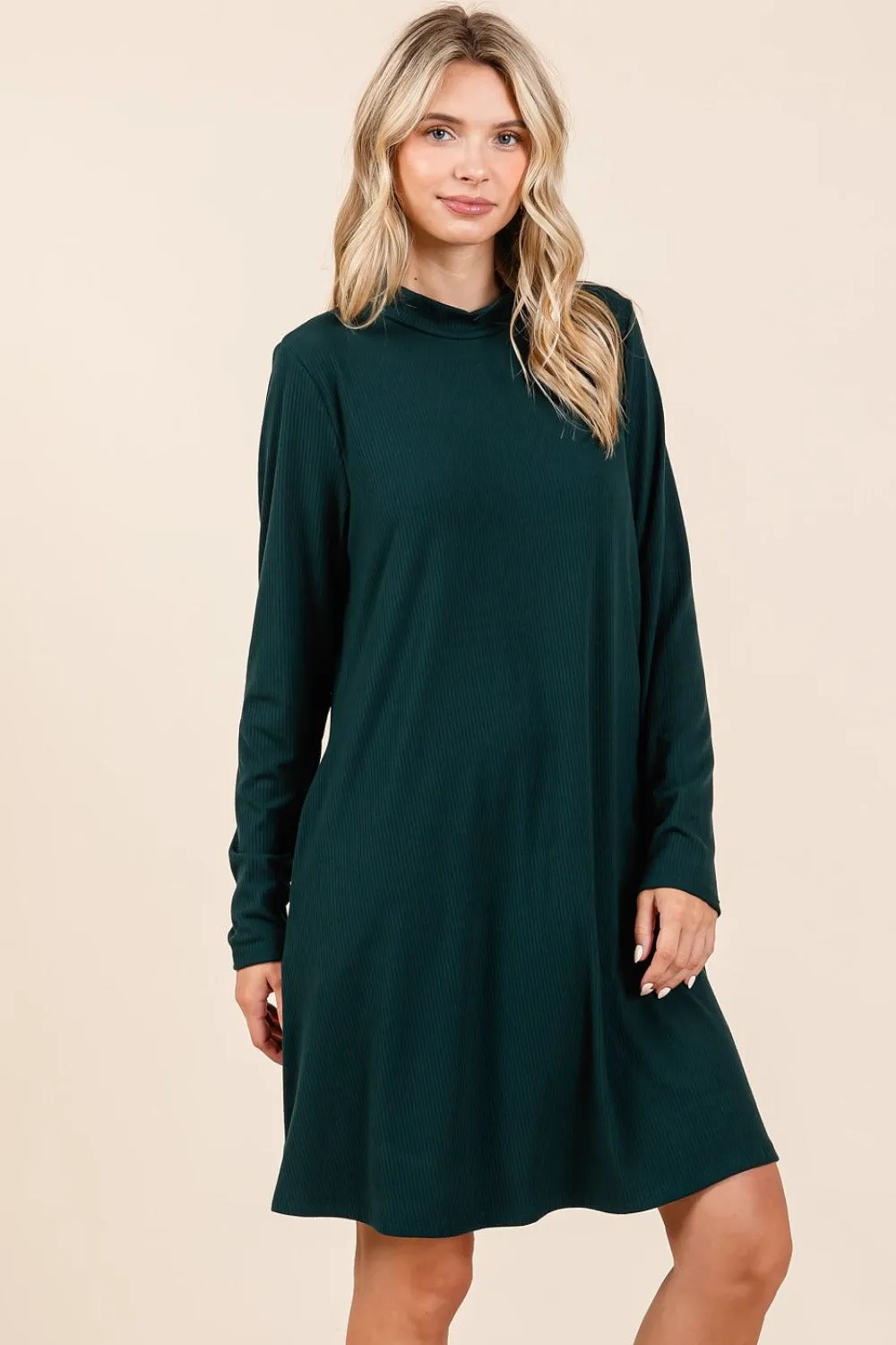 Mock Neck Long Sleeve Dress with Pockets