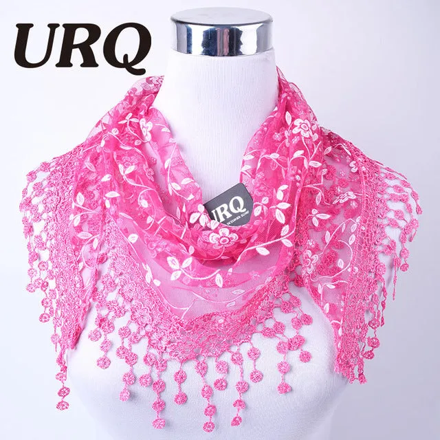 New Brand design Summer Lady Lace Scarf Tassel Sheer Metallic Women Triangle Bandage Floral scarves Shawl L10A5108