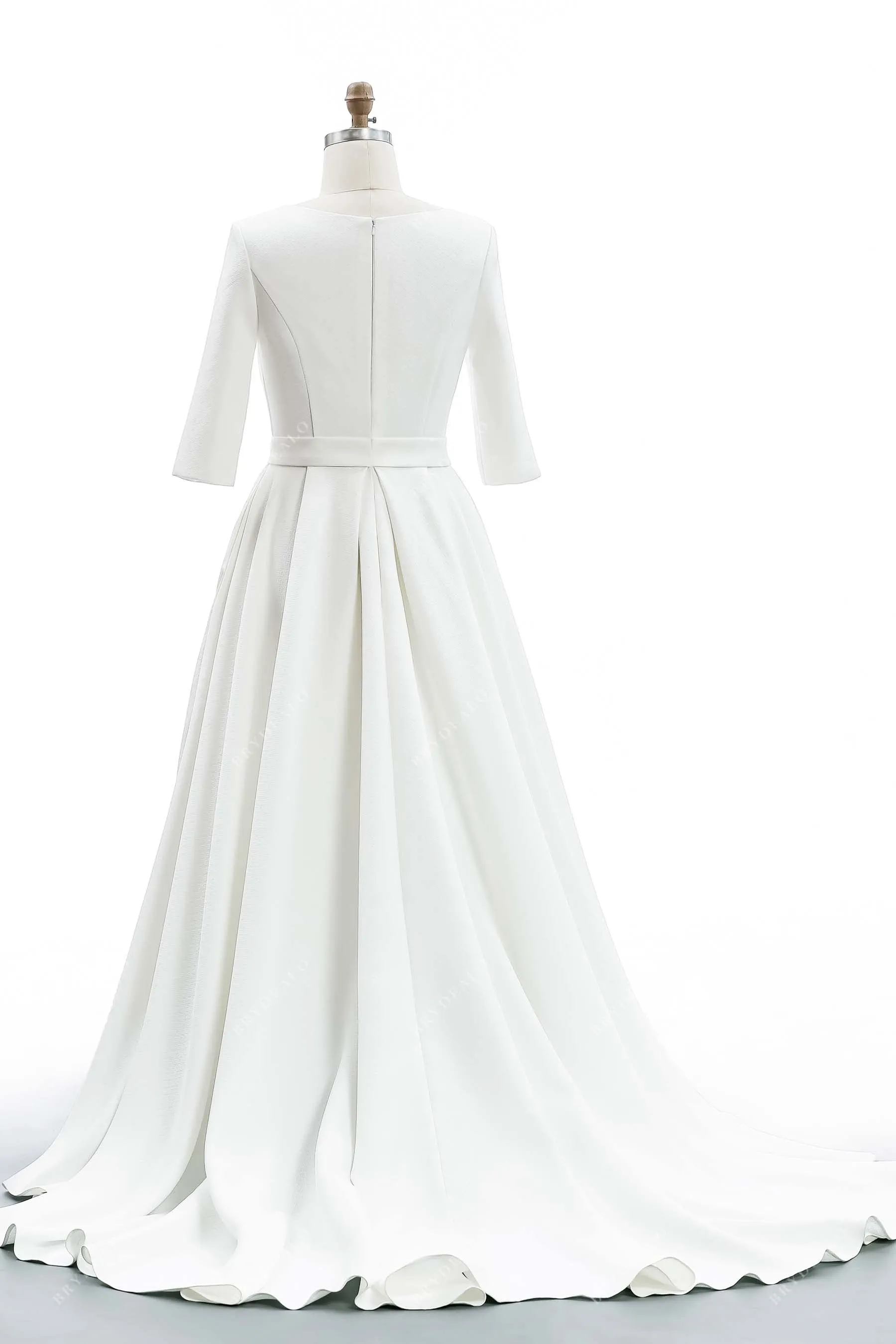 Simple Boat Neck 3/4 Sleeve Designed Satin Modest Wedding Dress