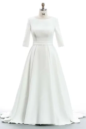 Simple Boat Neck 3/4 Sleeve Designed Satin Modest Wedding Dress