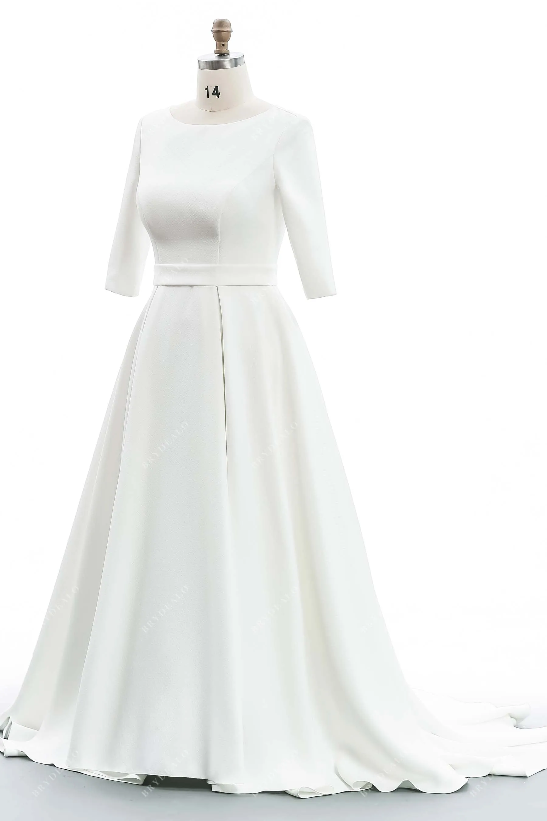 Simple Boat Neck 3/4 Sleeve Designed Satin Modest Wedding Dress