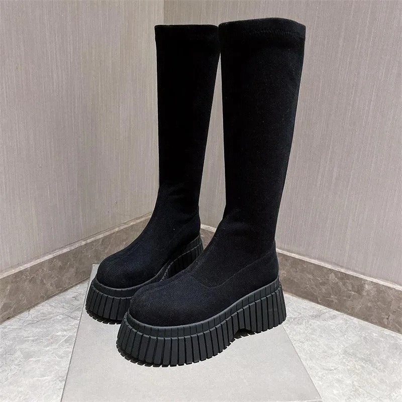 Thick Sole Long Boots Solid Color New Fashion Trendy Fly-woven Elastic Shoes Women's Winter FootwearHigh Boots