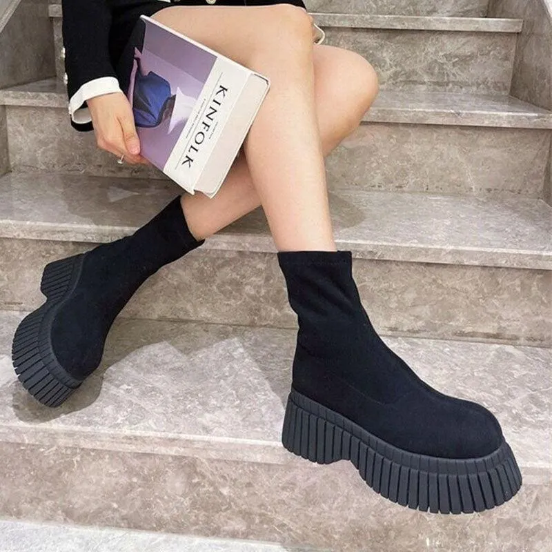 Thick Sole Long Boots Solid Color New Fashion Trendy Fly-woven Elastic Shoes Women's Winter FootwearHigh Boots