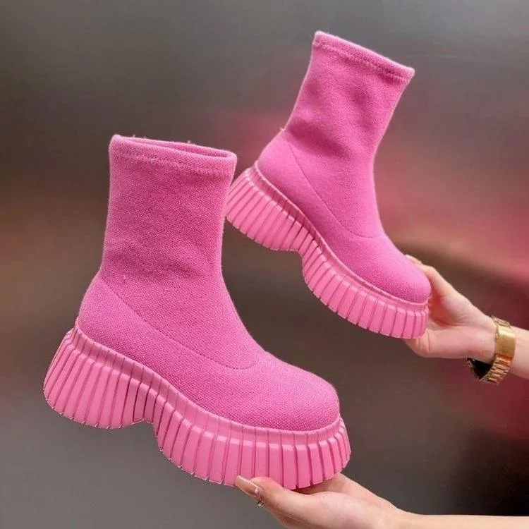 Thick Sole Long Boots Solid Color New Fashion Trendy Fly-woven Elastic Shoes Women's Winter FootwearHigh Boots