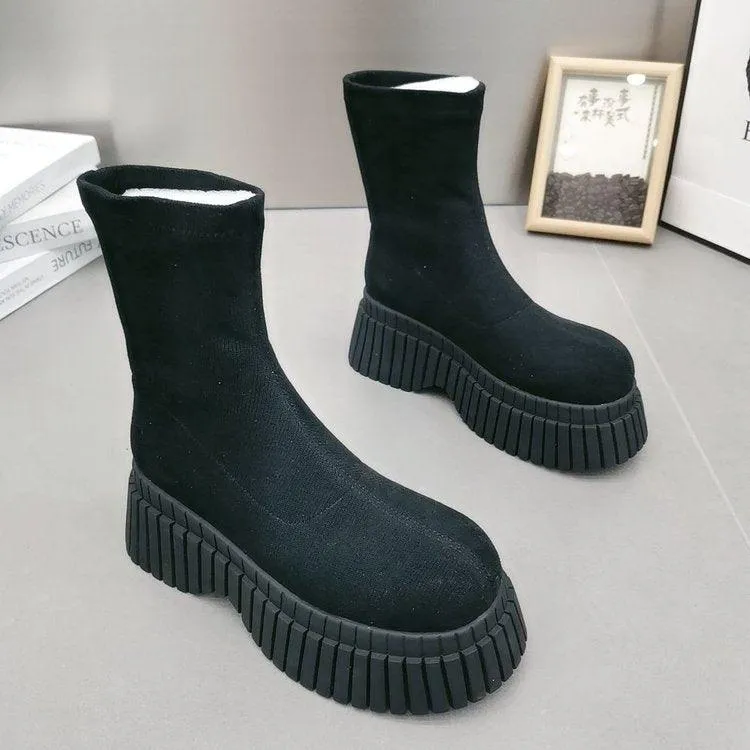 Thick Sole Long Boots Solid Color New Fashion Trendy Fly-woven Elastic Shoes Women's Winter FootwearHigh Boots