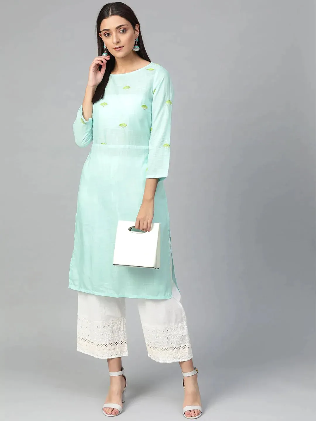 Women Blue Yoke Design Straight Kurta