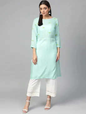 Women Blue Yoke Design Straight Kurta