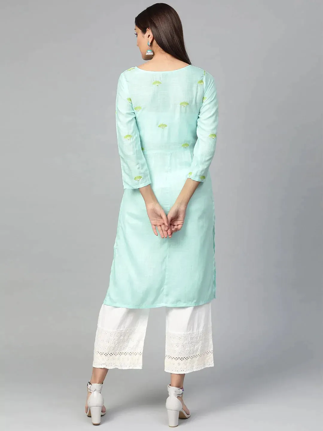 Women Blue Yoke Design Straight Kurta