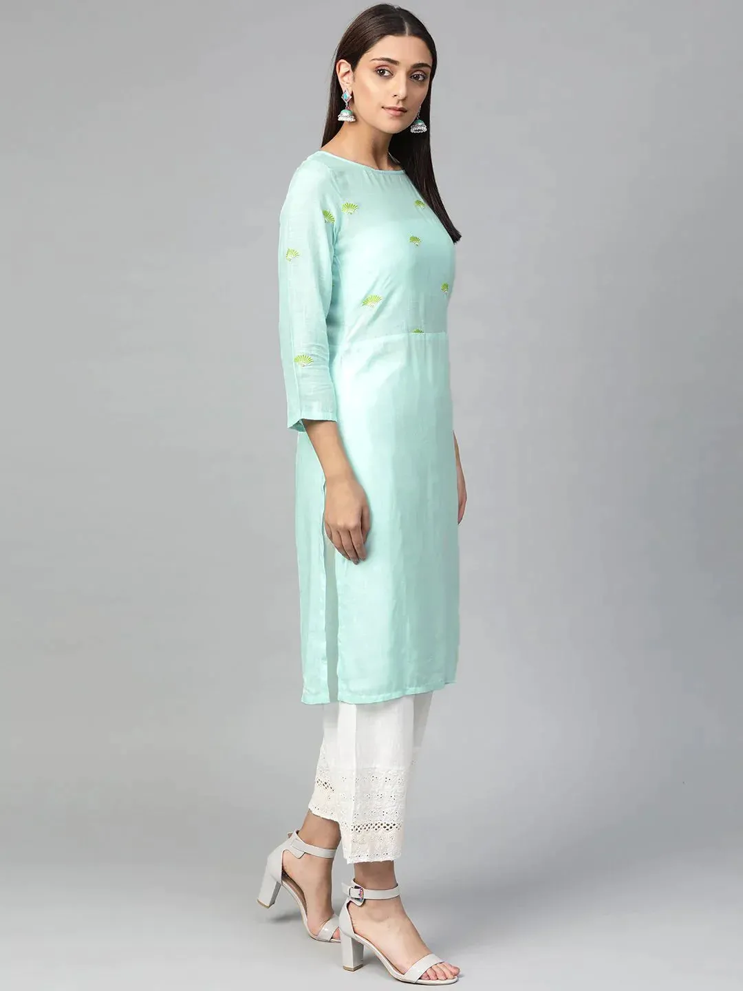 Women Blue Yoke Design Straight Kurta